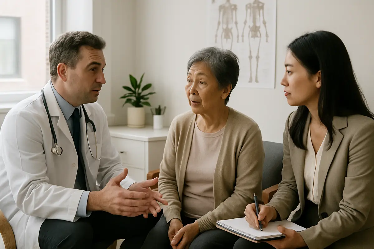 A doctor speaks with an older patient while an interpreter takes notes beside her.