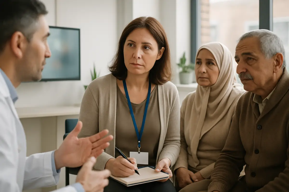 An interpreter with a lanyard and notepad interprets between a doctor and an older couple in a community health clinic.