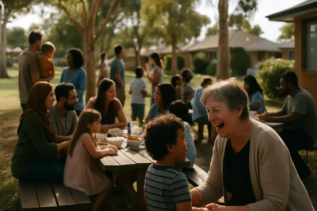 Families of many backgrounds share food and conversation at picnic tables in a sunny suburban park.
