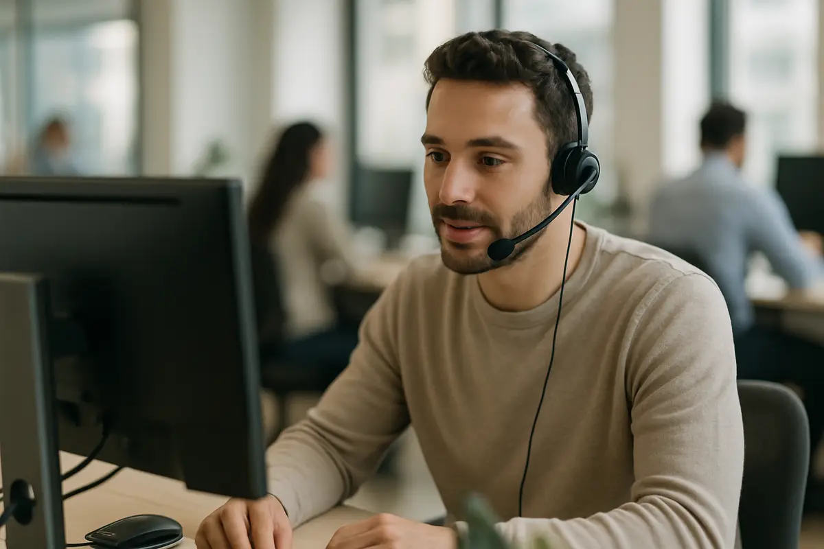A contact-centre agent wearing a headset talks with a caller at his desk.