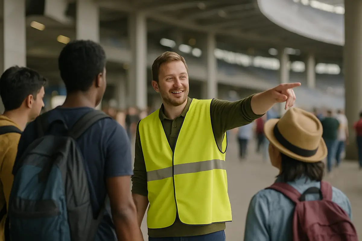A volunteer in a high-visibility vest points the way for visitors with backpacks in a stadium concourse.