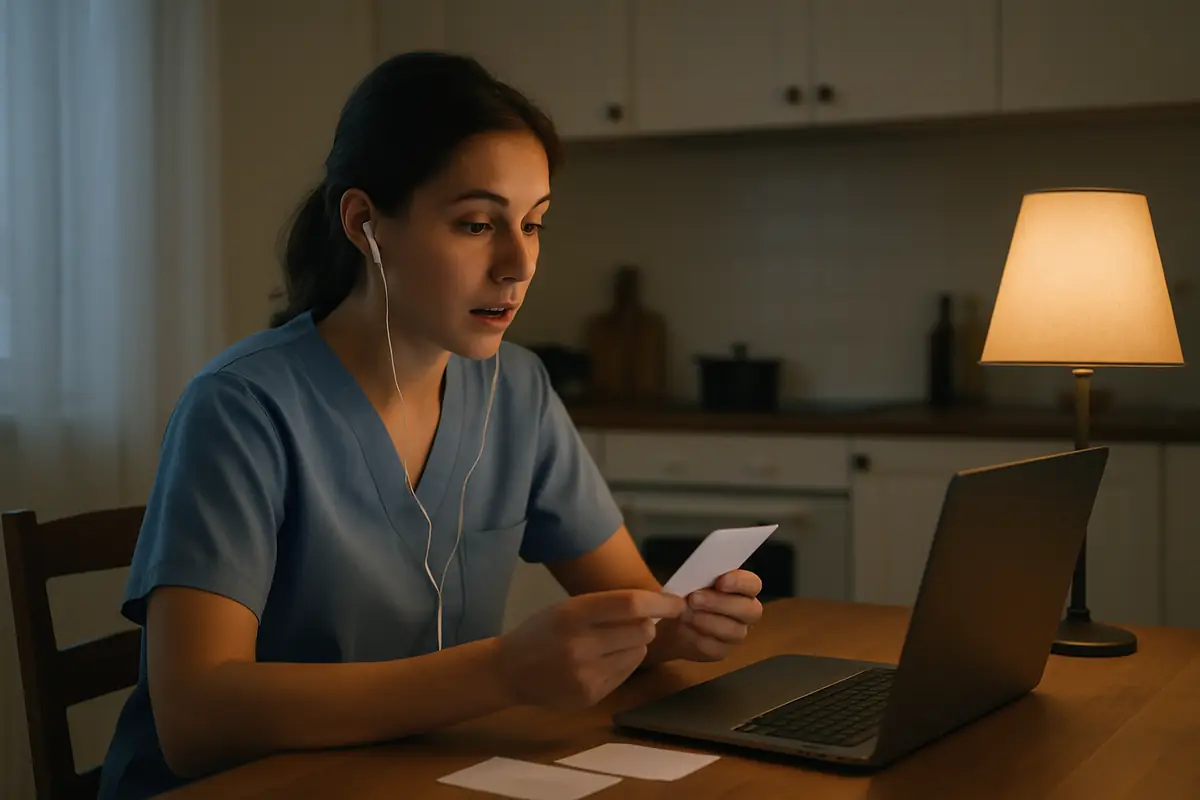 A nurse in scrubs rehearses a speaking exam at her kitchen table in the evening.