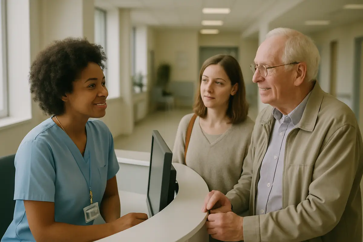 A hospital receptionist checks in an older patient and his daughter at the front desk.