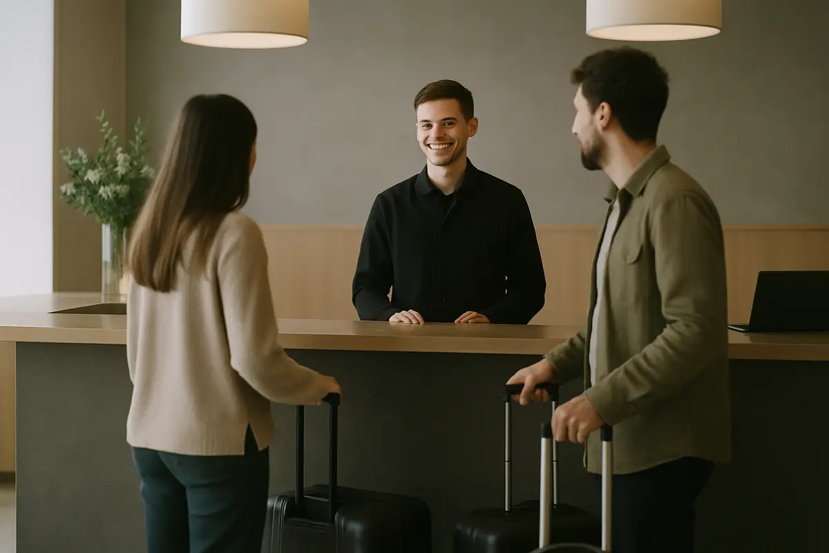 A hotel front-desk staff member welcomes two guests with suitcases.