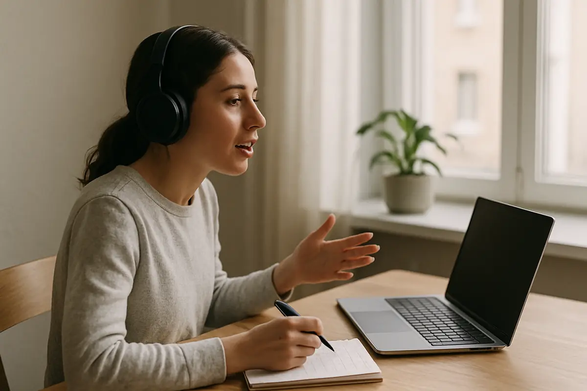 A woman wearing headphones speaks while taking notes beside her laptop, practising an interpreting dialogue.