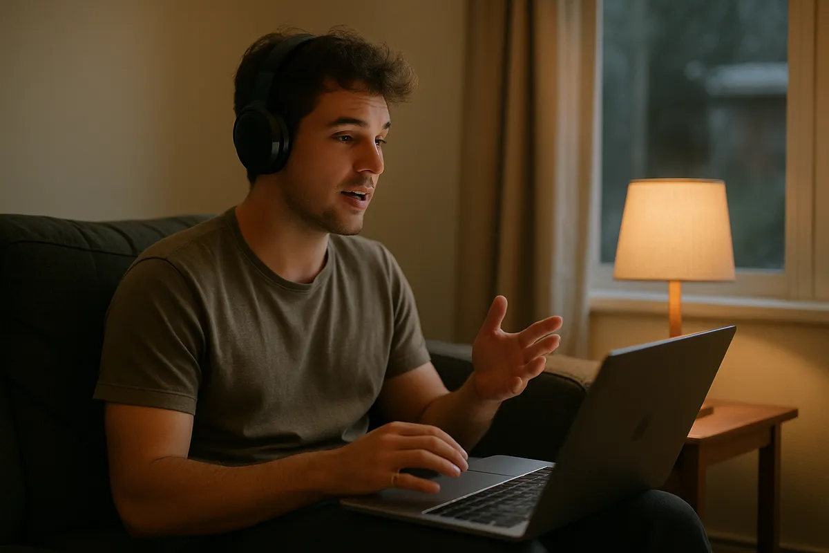 A young man wearing headphones speaks out loud in a practice conversation on his laptop at home.