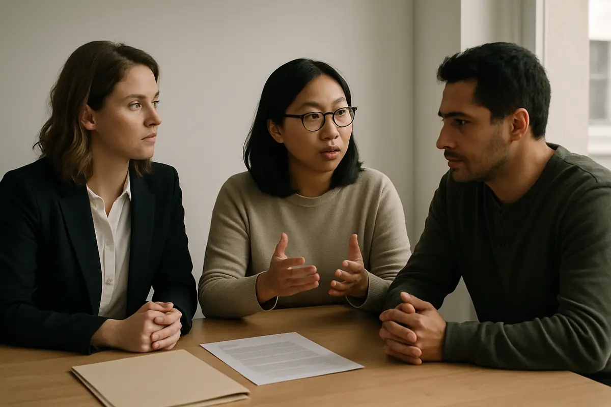 Three people sit at a table with papers, one explaining while the others listen.