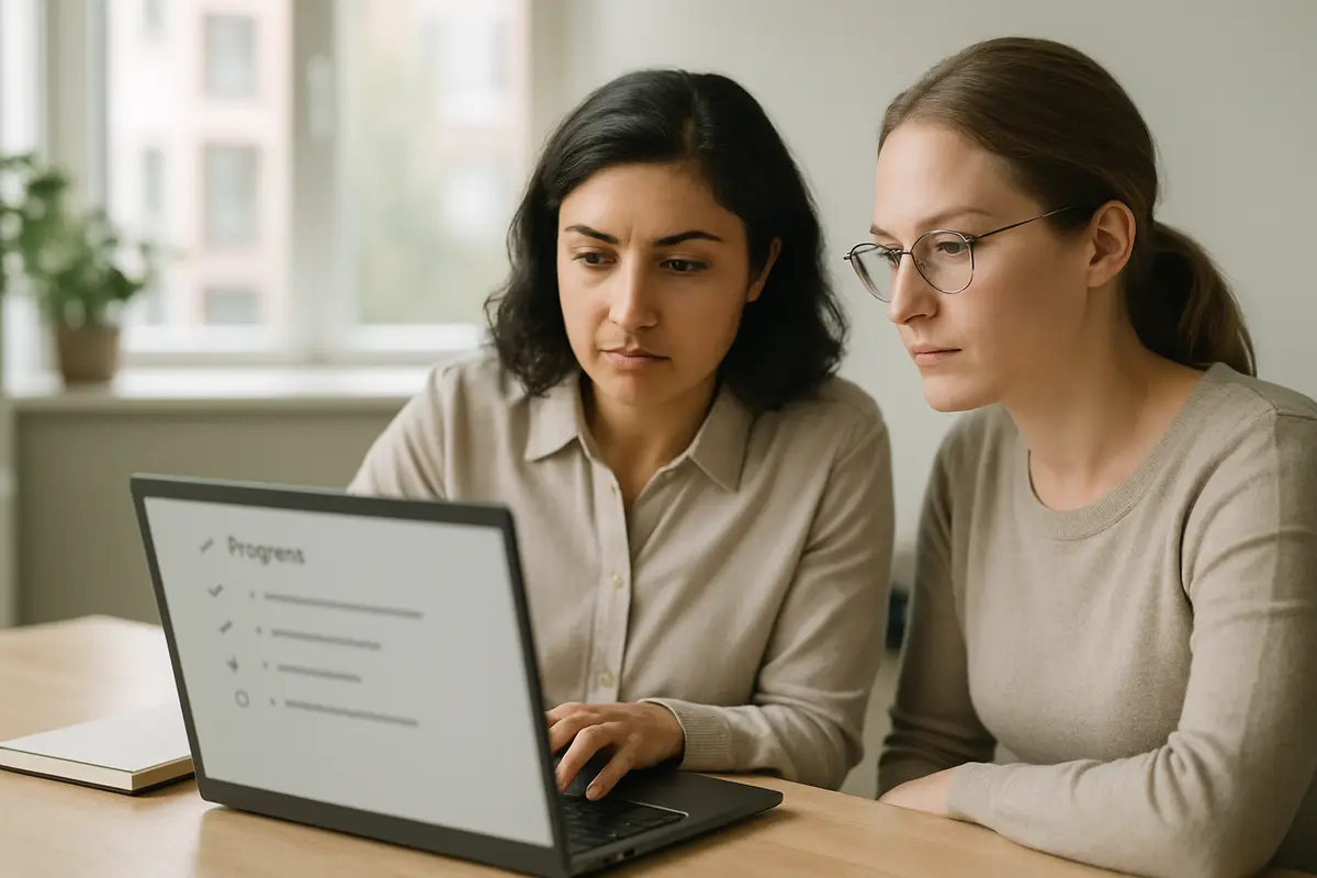 A manager and a colleague review a team progress list on a laptop.