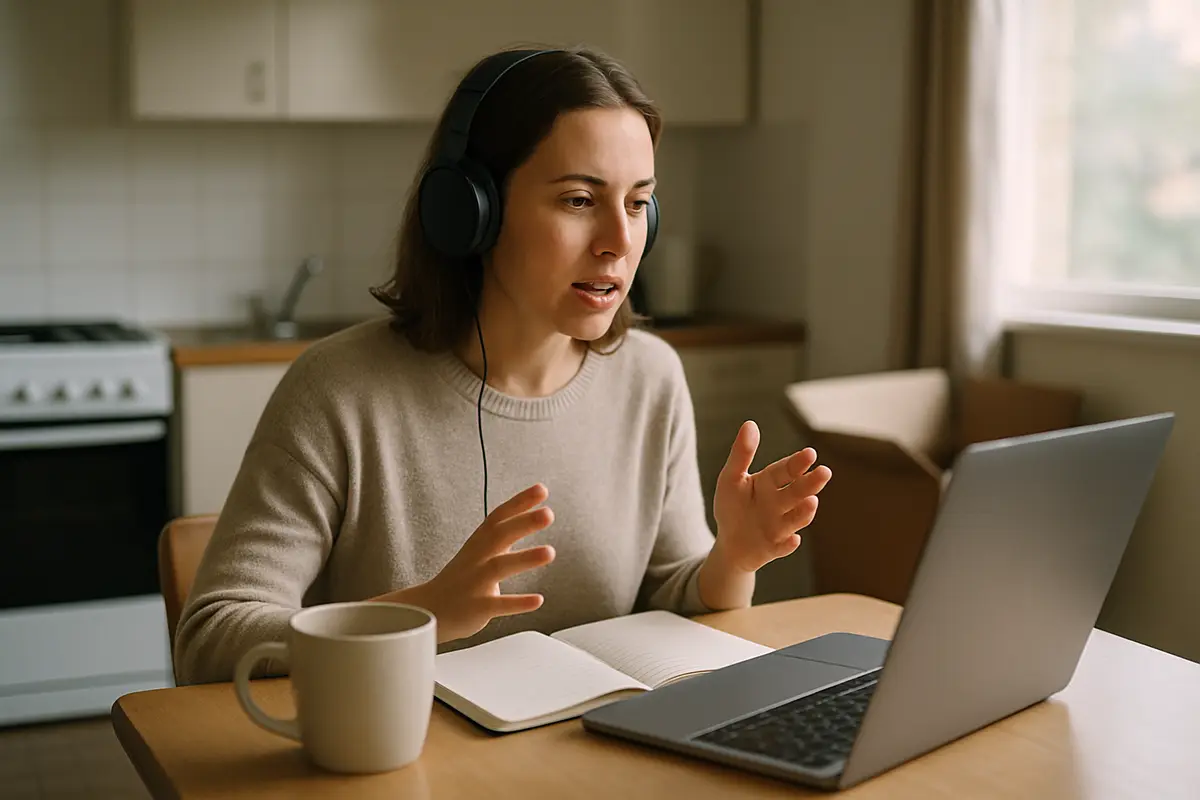 A woman wearing headphones practises speaking English out loud at her laptop at a kitchen table, with a moving box behind her.