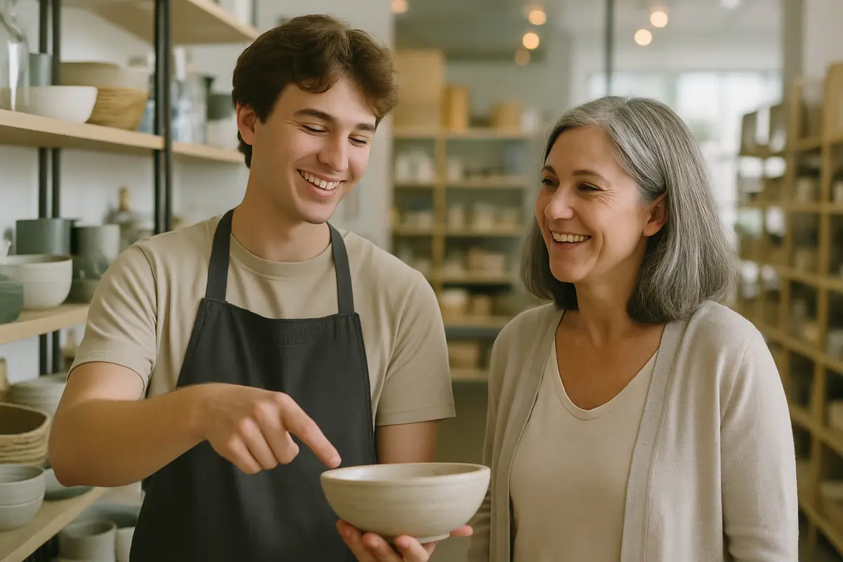 A retail team member in an apron helps a customer choose a bowl in a homewares store.