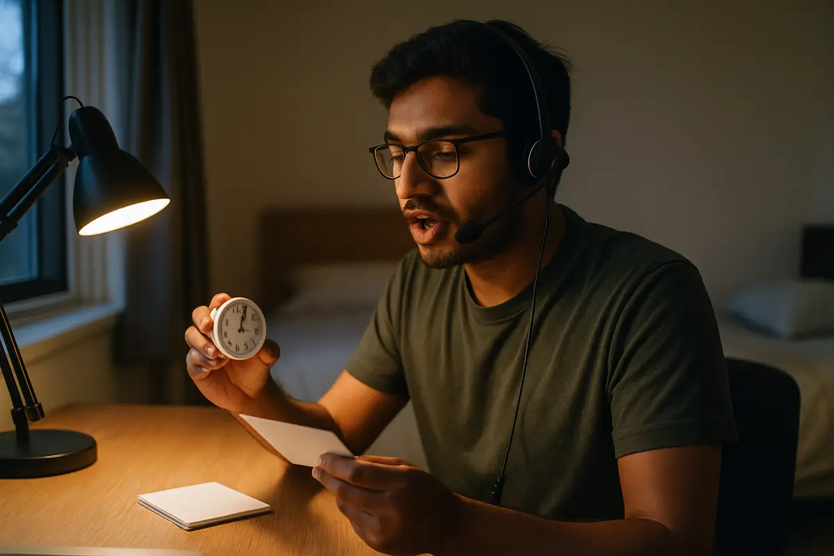 A man wearing a headset holds a cue card and a timer as he practises a speaking test out loud at his desk.