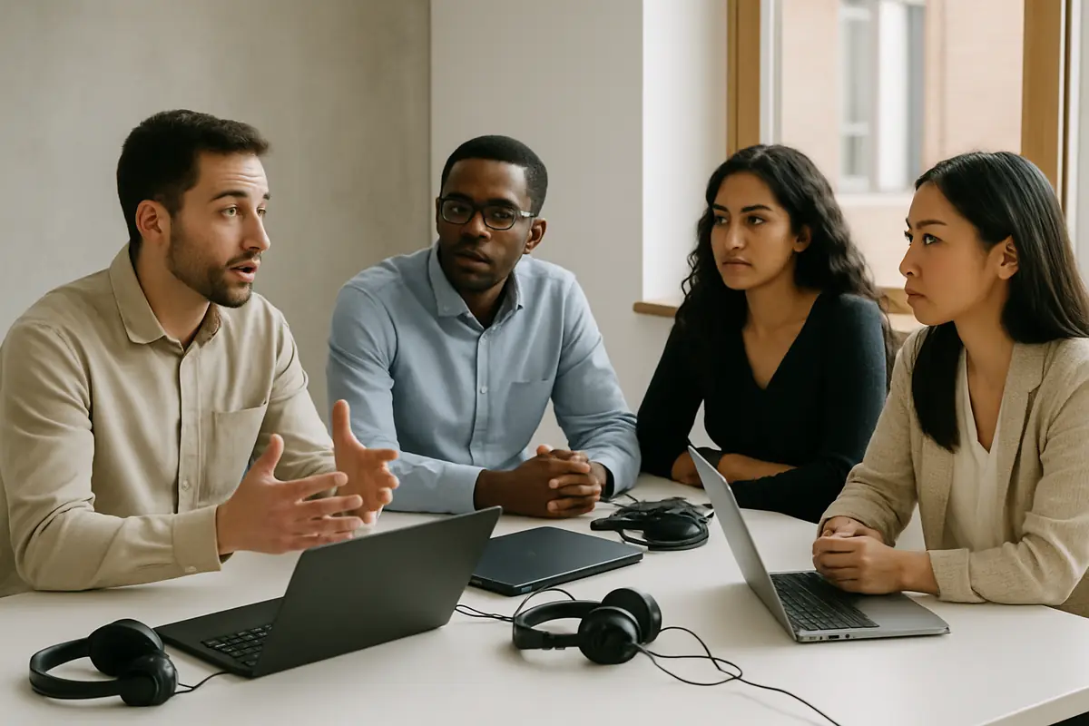A small group of interpreters practising together around a table with laptops and headphones.